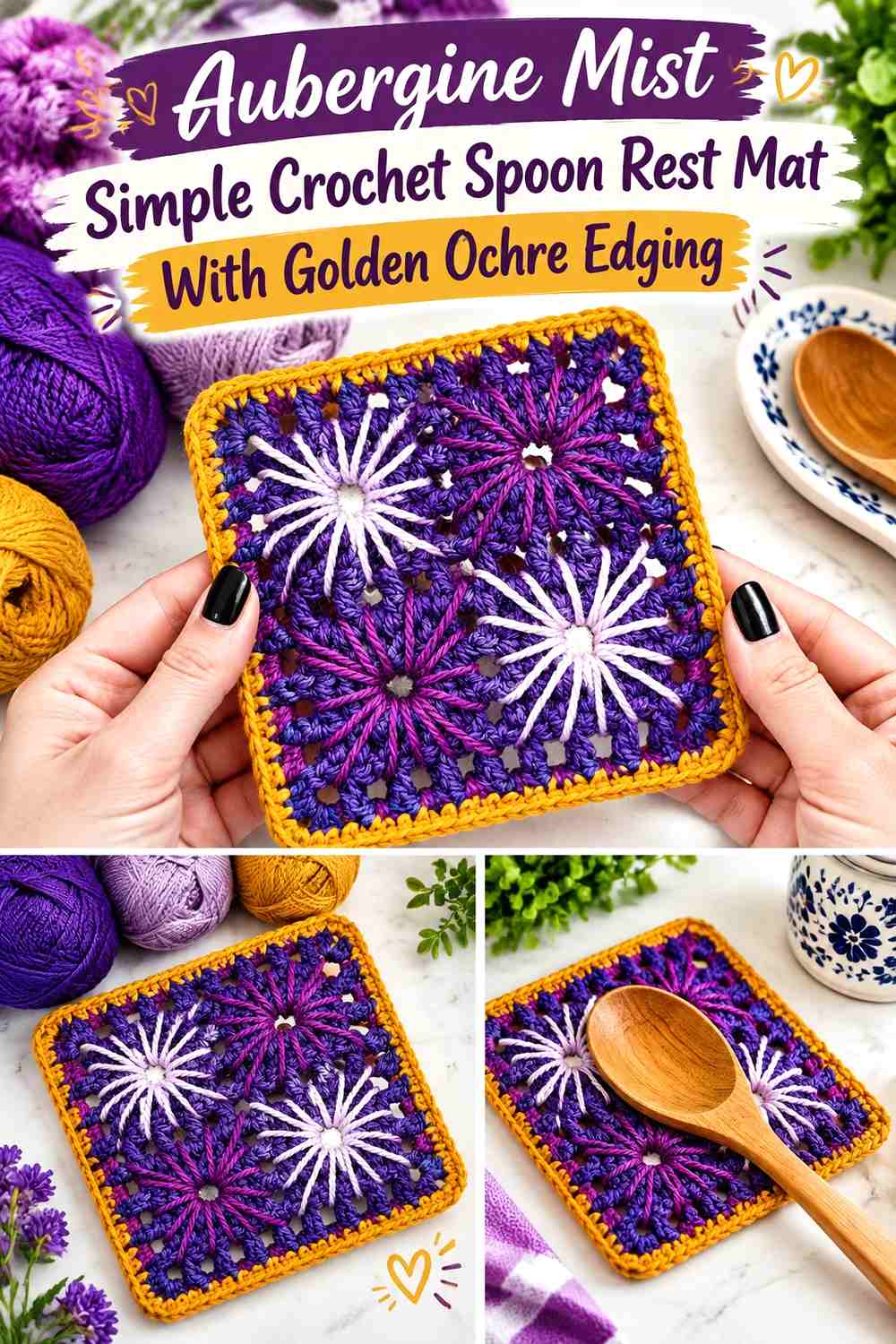 Aubergine Mist Simple Crochet Spoon Rest Mat With Golden Ochre Edging
