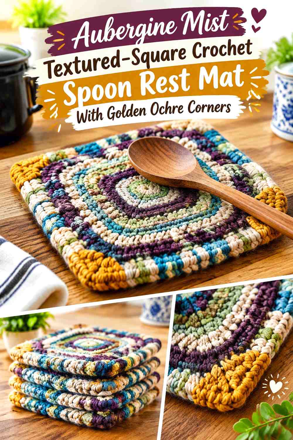 Aubergine Mist Textured-Square Crochet Spoon Rest Mat With Golden Ochre Corners