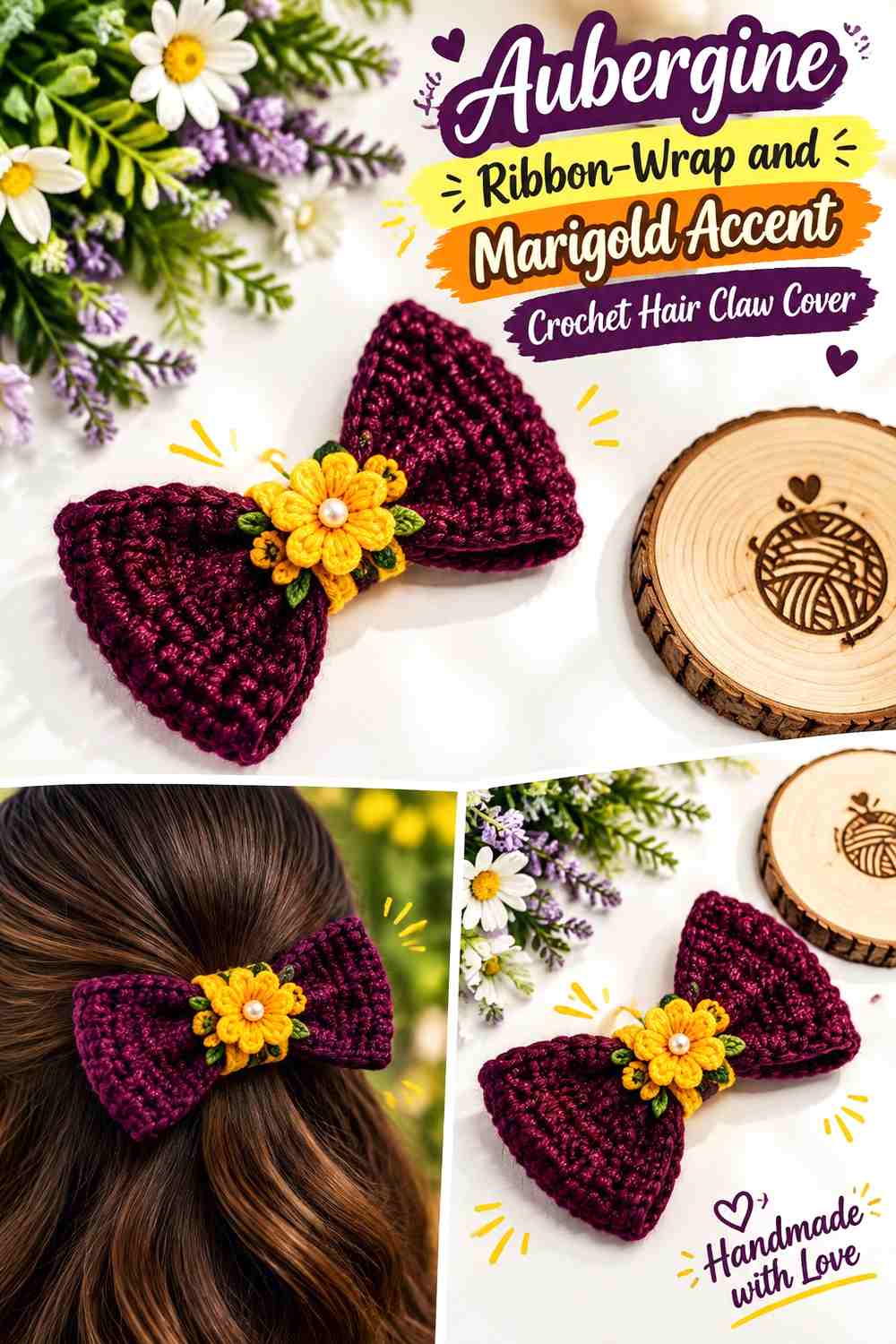 11. Aubergine Ribbon Wrap And Marigold Accent Crochet Hair Claw Cover