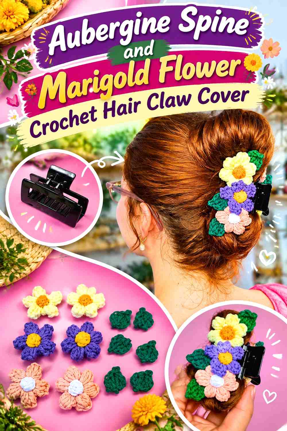 1. Aubergine Spine And Marigold Flower Crochet Hair Claw Cover