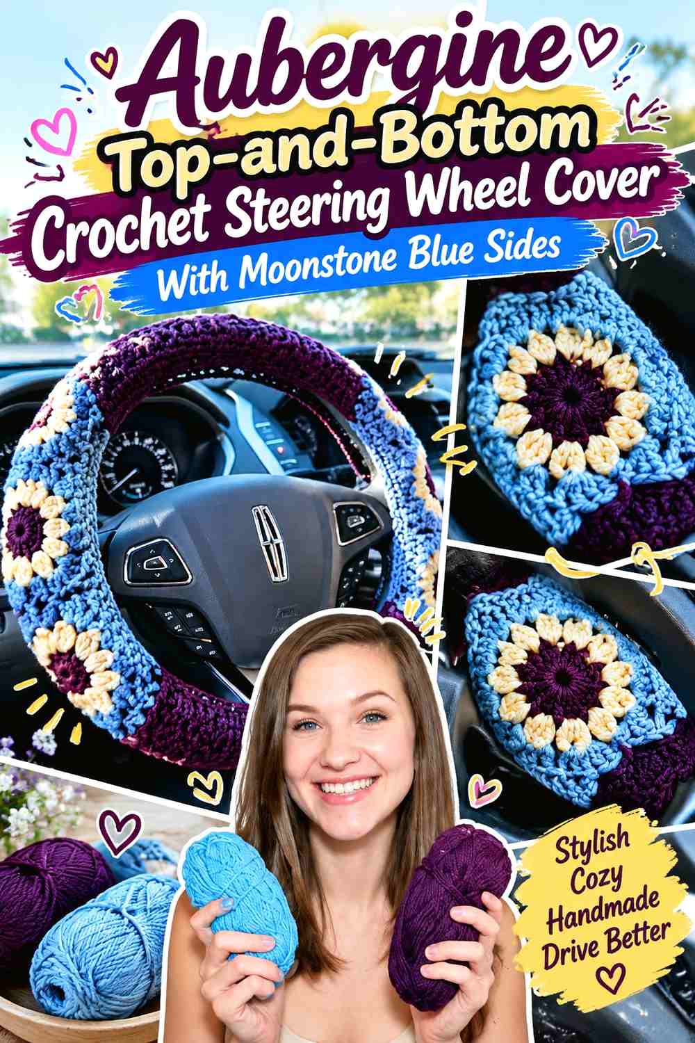 7. Aubergine Top And Bottom Crochet Steering Wheel Cover With Moonstone Blue Sides