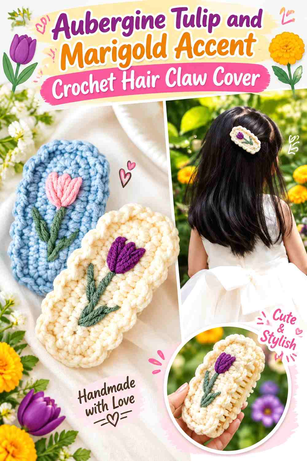 9. Aubergine Tulip And Marigold Accent Crochet Hair Claw Cover