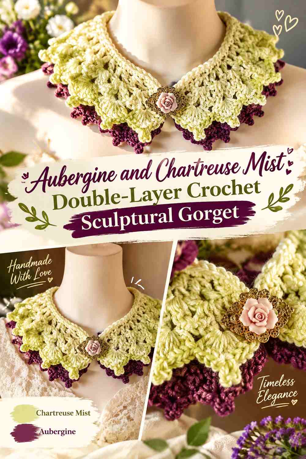 Aubergine and Chartreuse Mist Double-Layer Crochet Sculptural Gorget