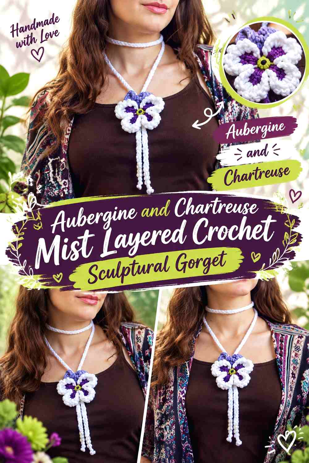 Aubergine and Chartreuse Mist Layered Crochet Sculptural Gorget