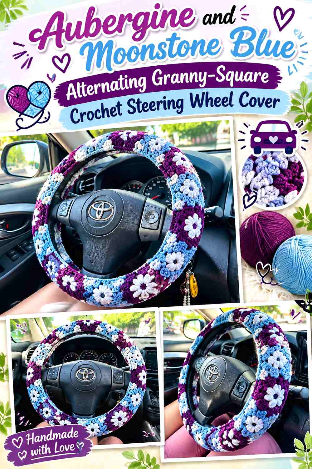 5. Aubergine And Moonstone Blue Alternating Granny Square Crochet Steering Wheel Cover