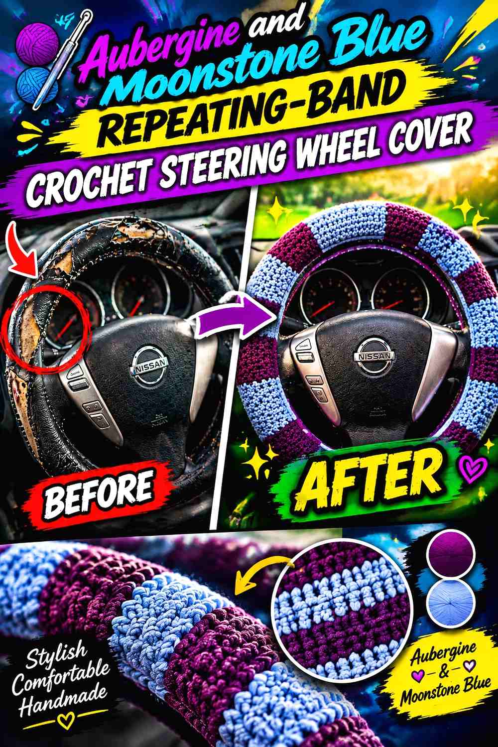 9. Aubergine And Moonstone Blue Repeating Band Crochet Steering Wheel Cover