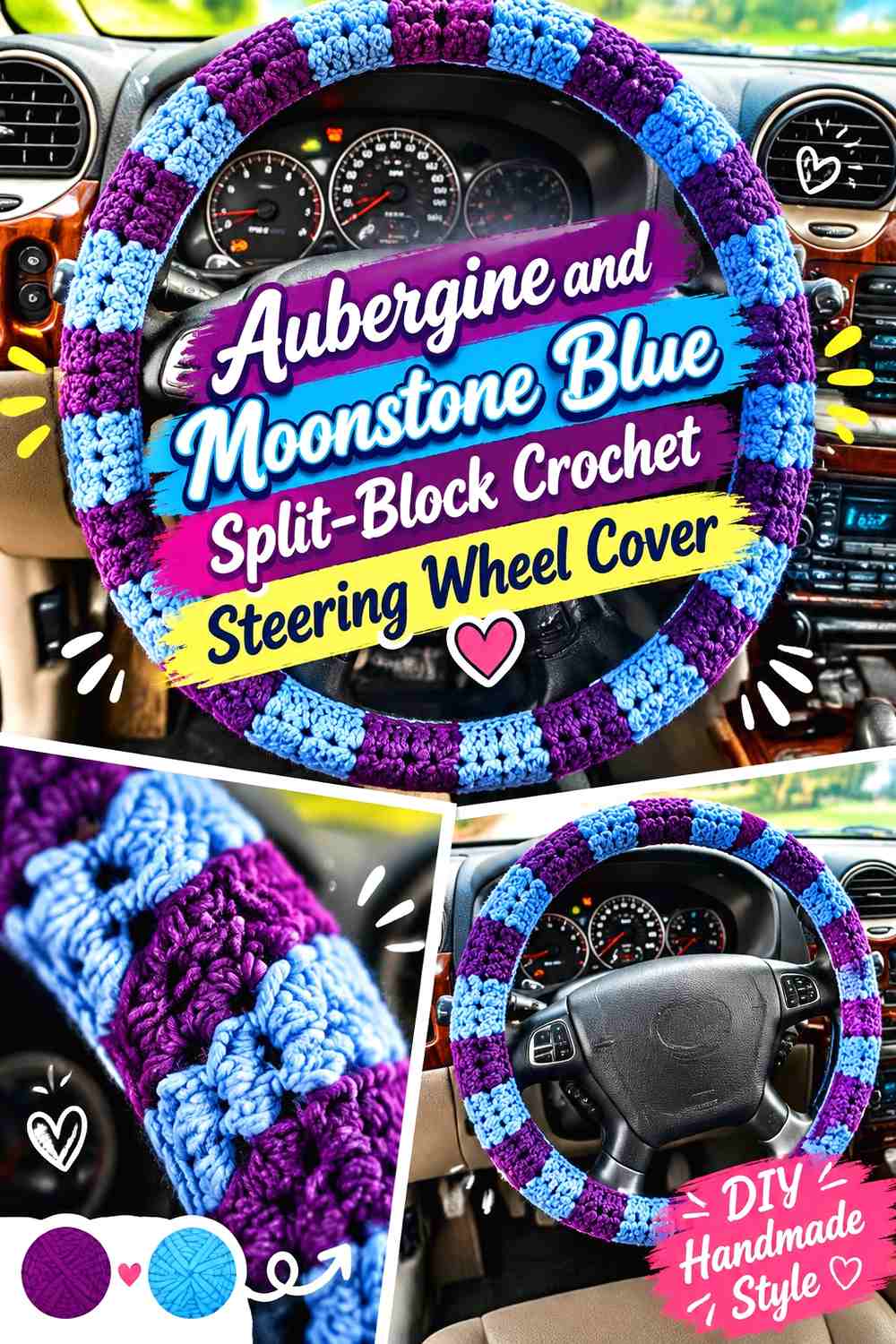3. Aubergine And Moonstone Blue Split Block Crochet Steering Wheel Cover