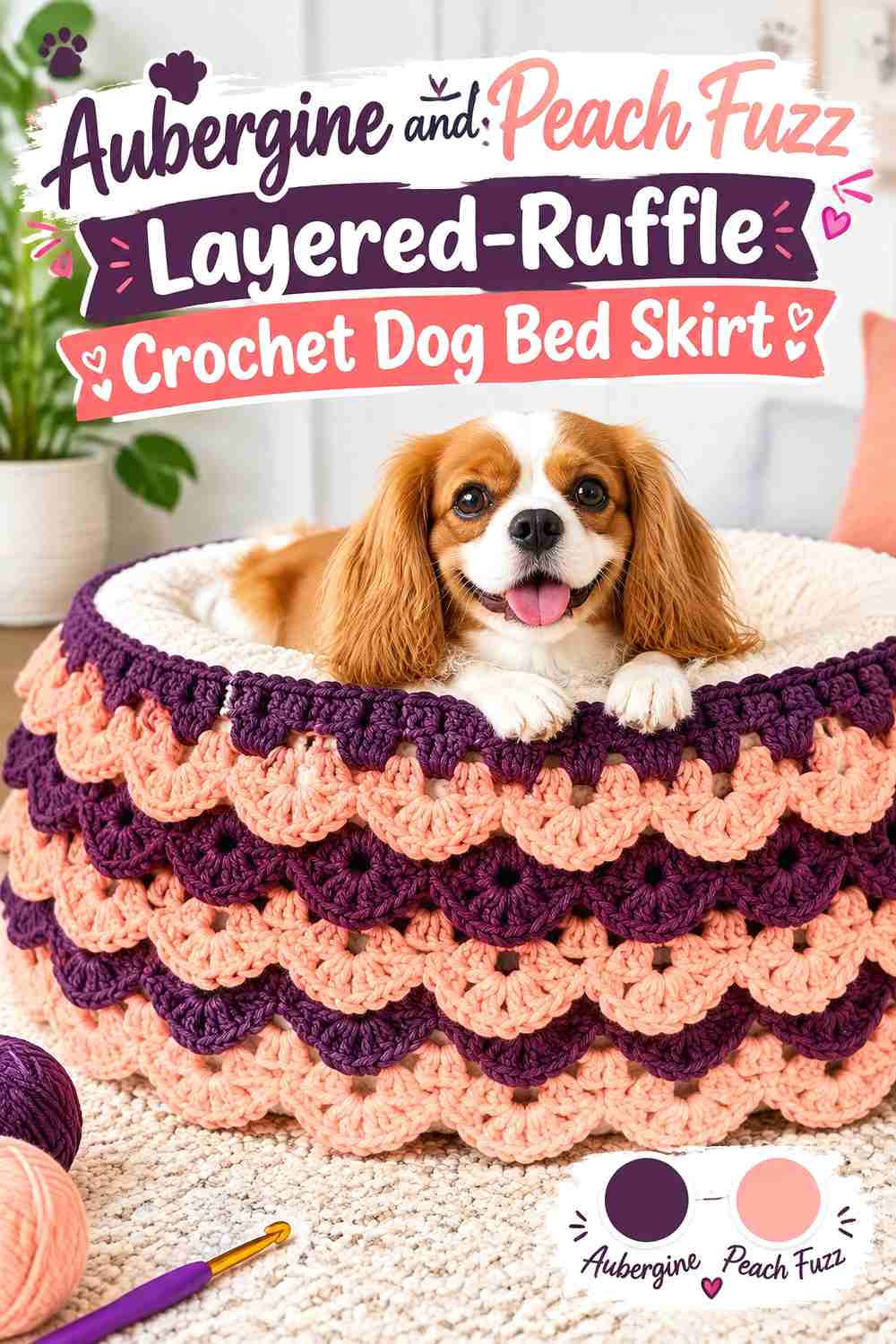 Aubergine and Peach Fuzz Layered-Ruffle Crochet Dog Bed Skirt