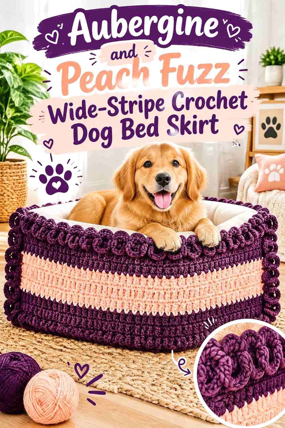 Aubergine and Peach Fuzz Wide-Stripe Crochet Dog Bed Skirt