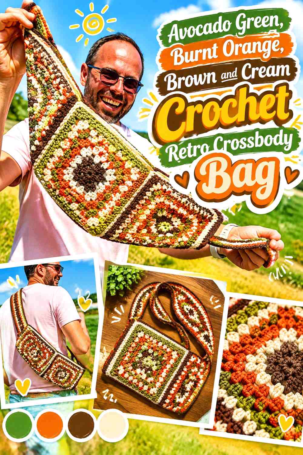 Avocado Green, Burnt Orange, Brown, and Cream Crochet Retro Crossbody Bag