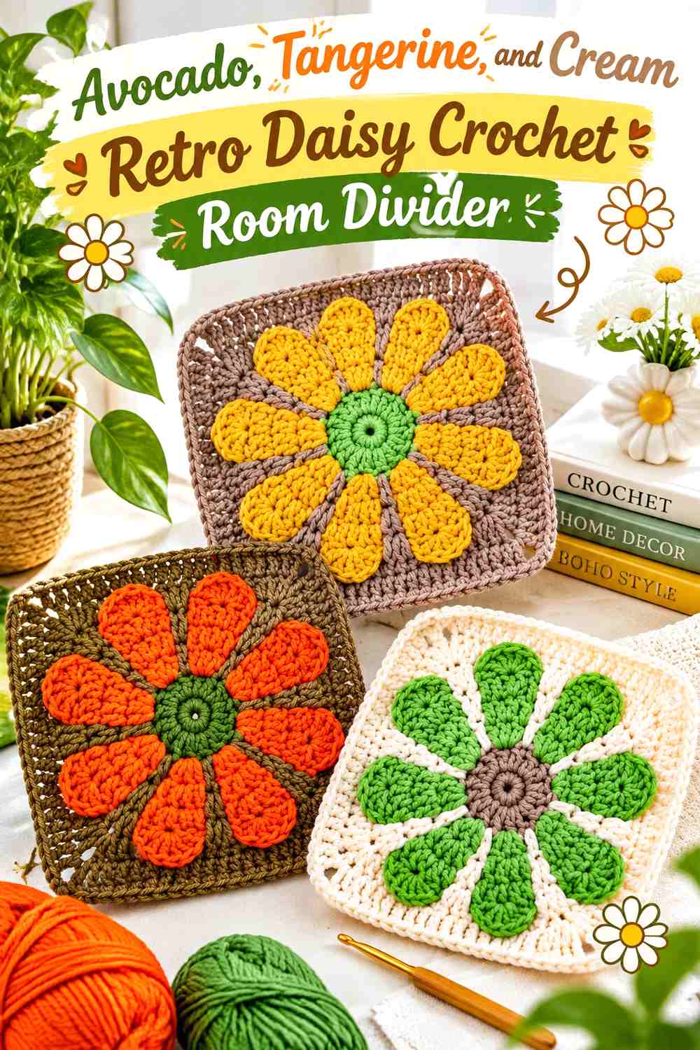 Avocado, Tangerine, and Cream Retro Daisy Crochet Room Divider