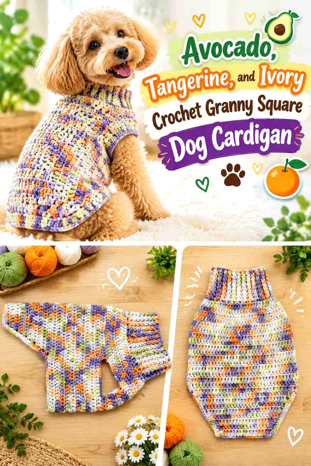 Avocado, Tangerine, and Ivory Crochet Granny Square Dog Cardigan