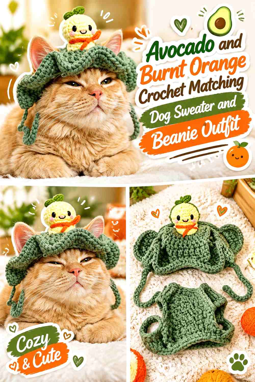 Avocado and Burnt Orange Crochet Matching Dog Sweater and Beanie Outfit