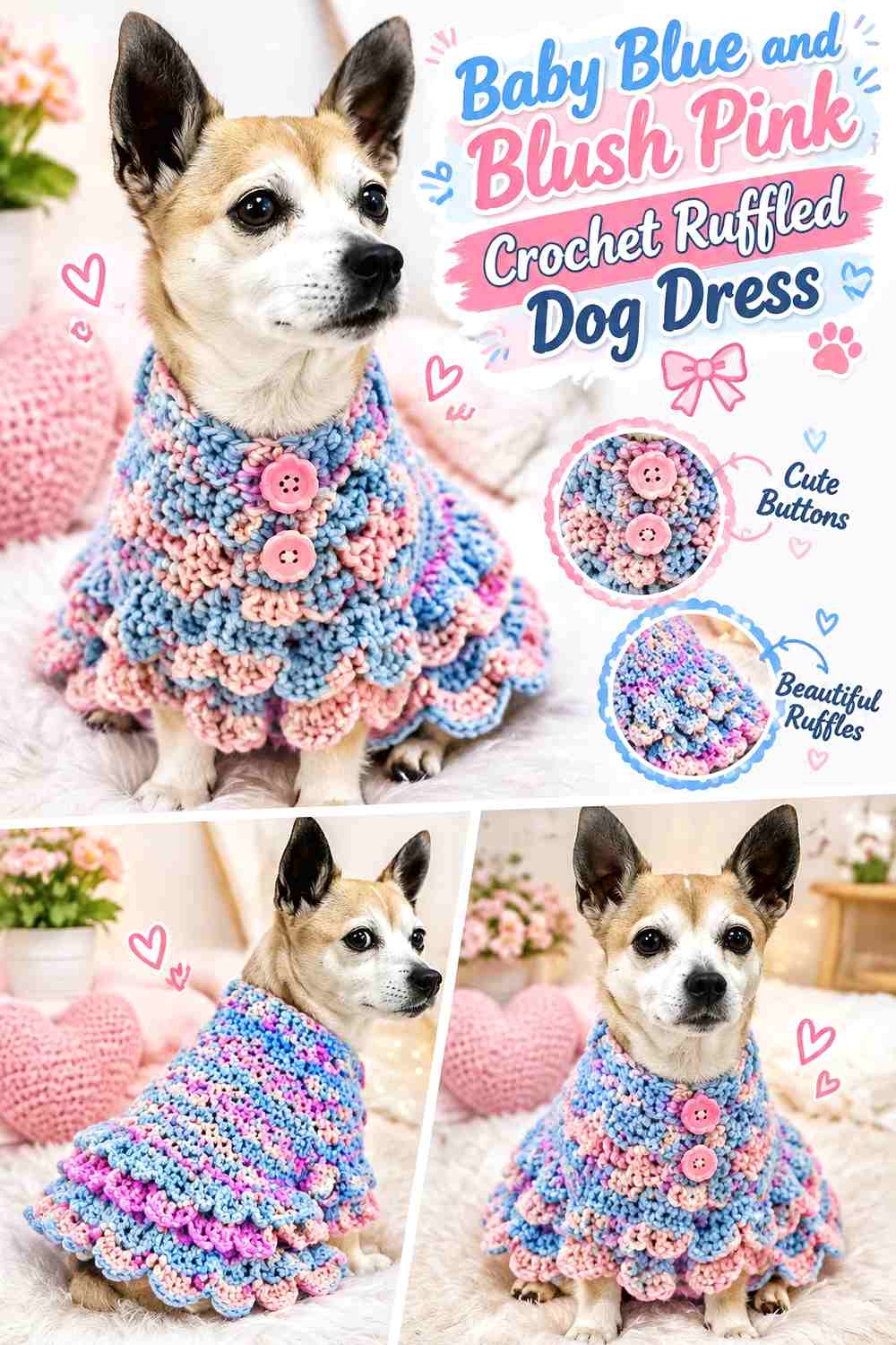 Baby Blue and Blush Pink Crochet Ruffled Dog Dress