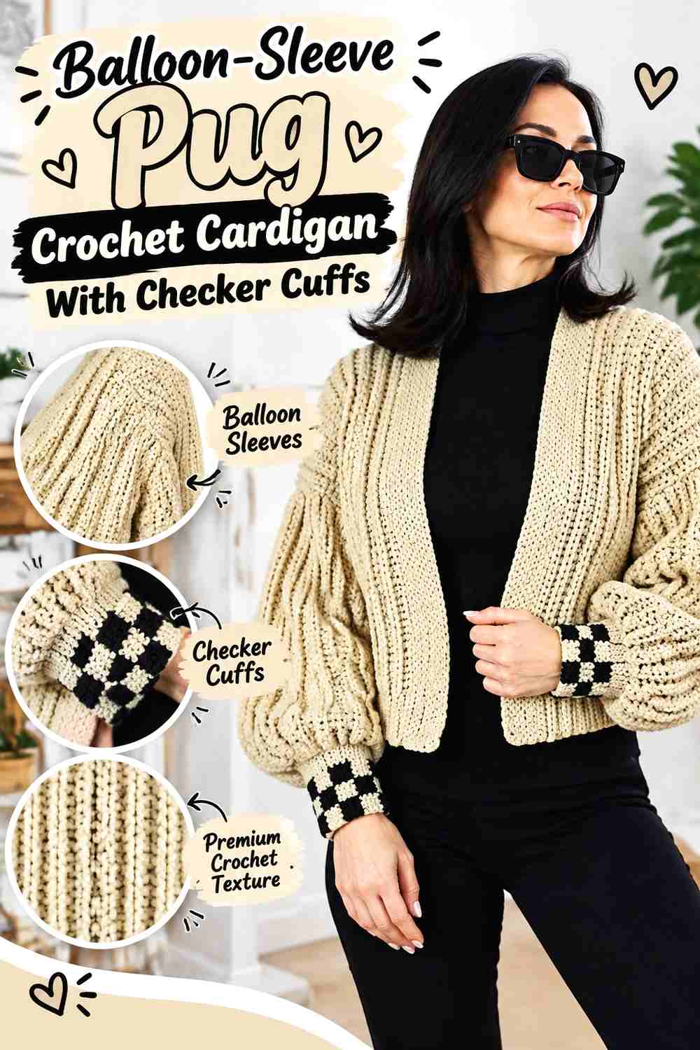Balloon-Sleeve Pug Crochet Cardigan With Checker Cuffs