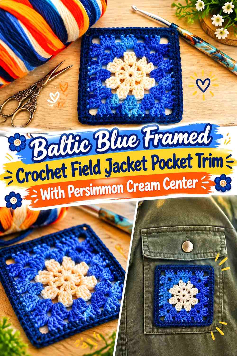 Baltic Blue Framed Crochet Field Jacket Pocket Trim With Persimmon Cream Center
