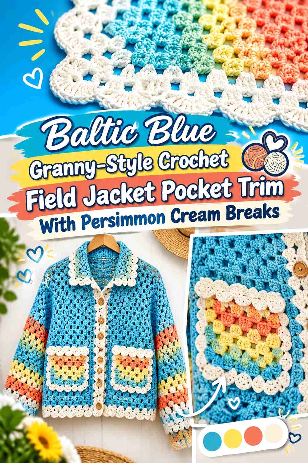Baltic Blue Granny-Style Crochet Field Jacket Pocket Trim With Persimmon Cream Breaks