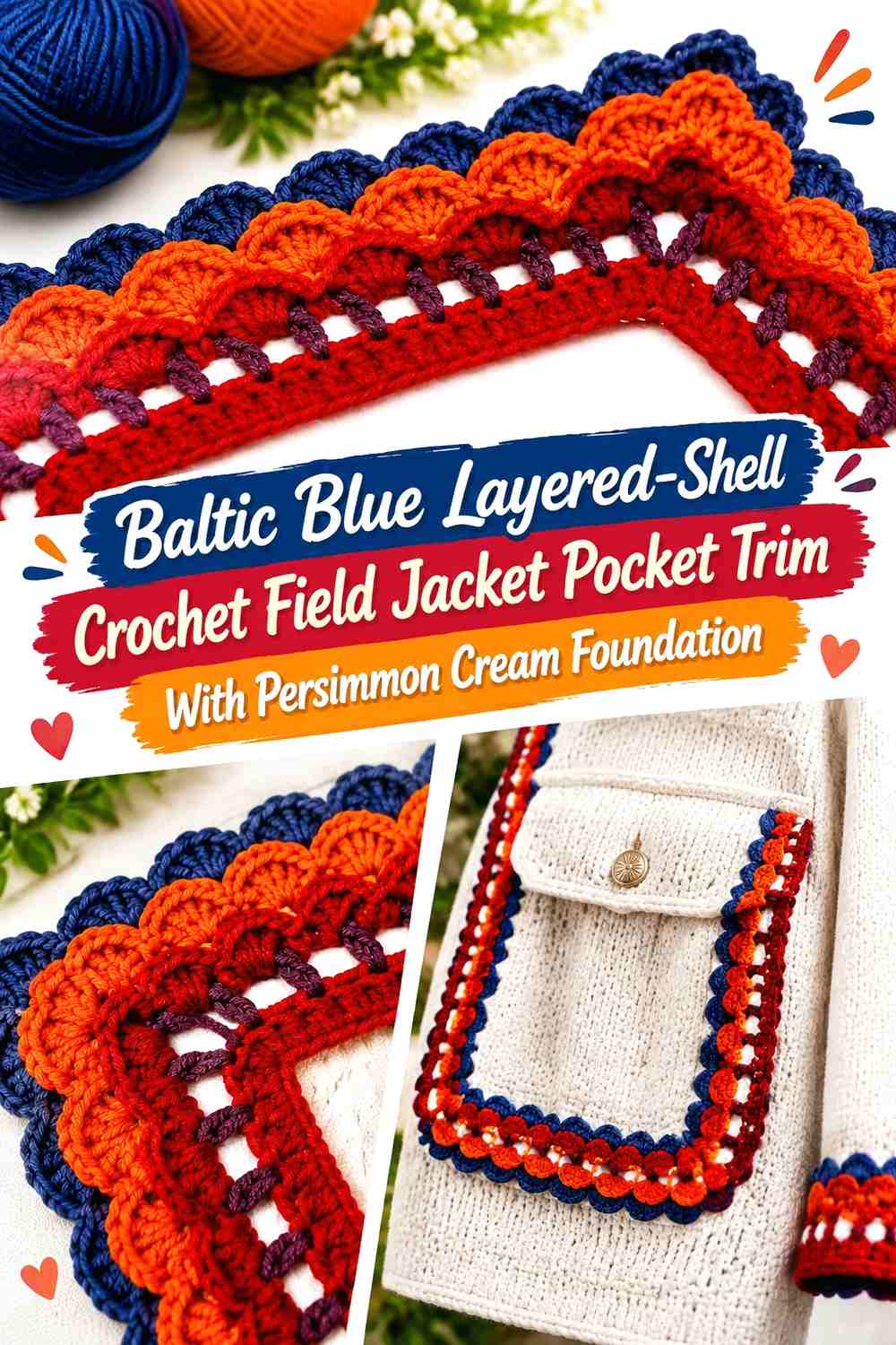 Baltic Blue Layered-Shell Crochet Field Jacket Pocket Trim With Persimmon Cream Foundation