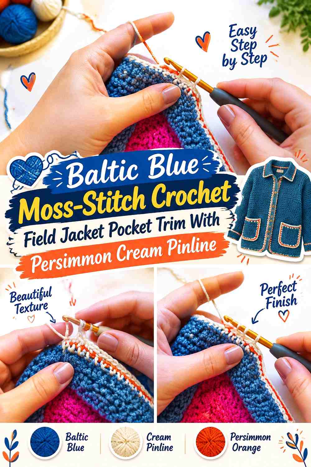 Baltic Blue Moss-Stitch Crochet Field Jacket Pocket Trim With Persimmon Cream Pinline