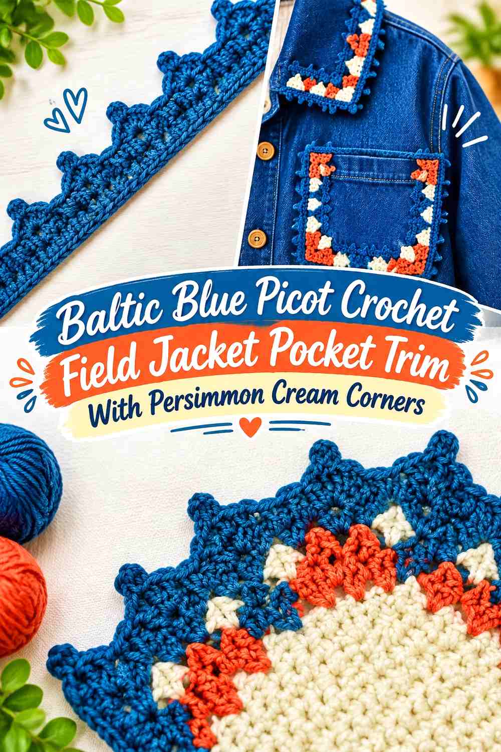 Baltic Blue Picot Crochet Field Jacket Pocket Trim With Persimmon Cream Corners