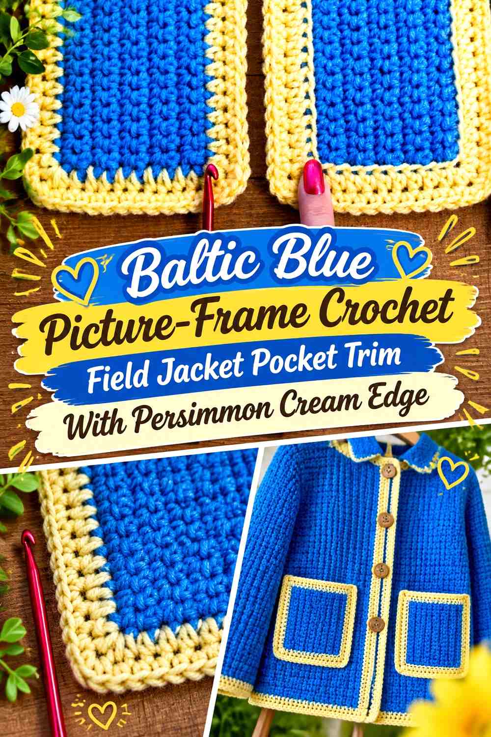 Baltic Blue Picture-Frame Crochet Field Jacket Pocket Trim With Persimmon Cream Edge