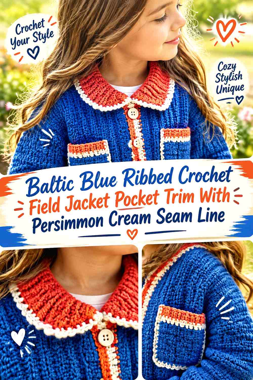 Baltic Blue Ribbed Crochet Field Jacket Pocket Trim With Persimmon Cream Seam Line