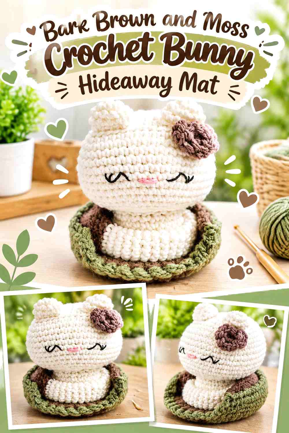 Bark Brown and Moss Crochet Bunny Hideaway Mat