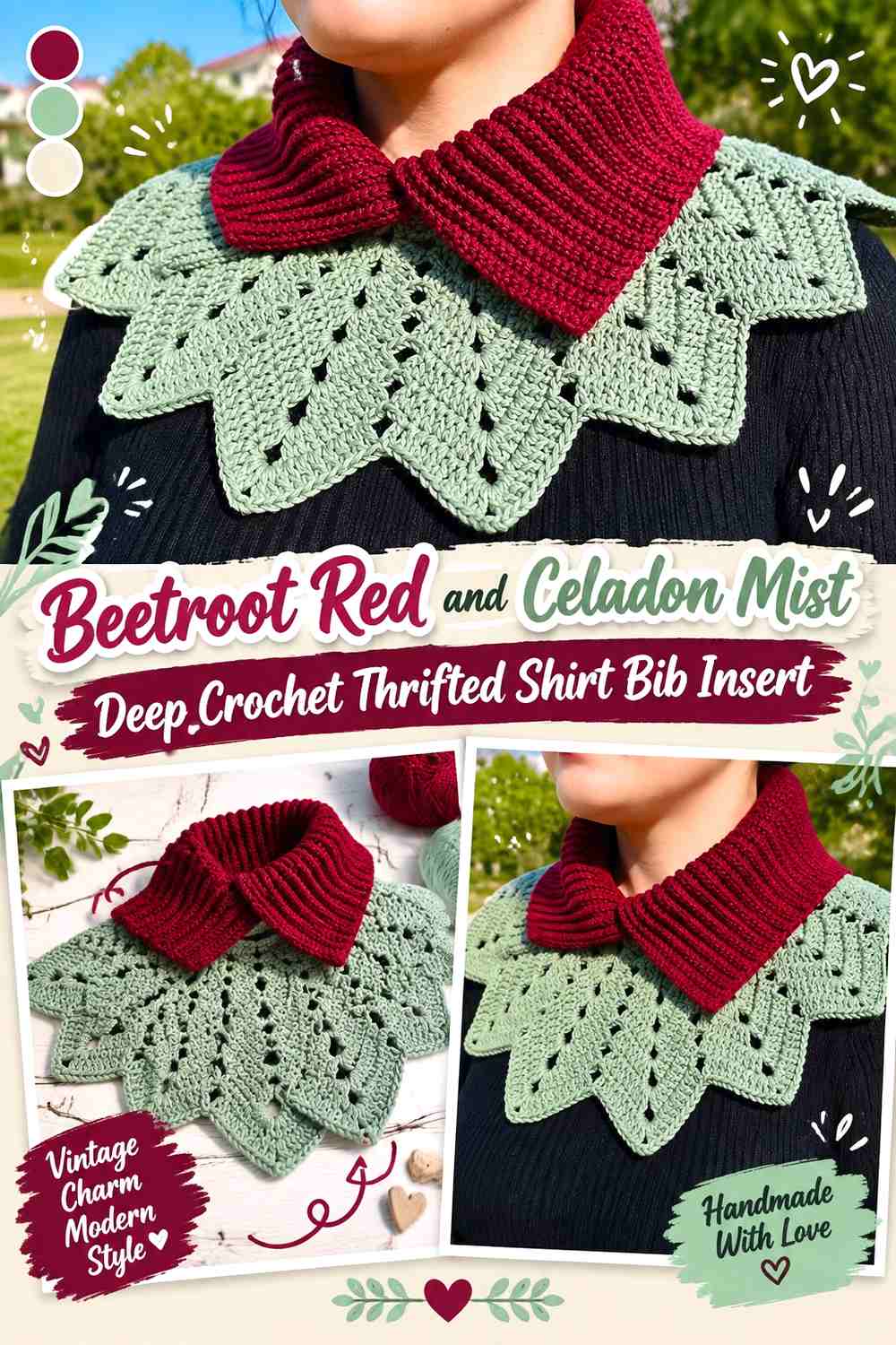 Beetroot Red and Celadon Mist Deep Crochet Thrifted Shirt Bib Insert