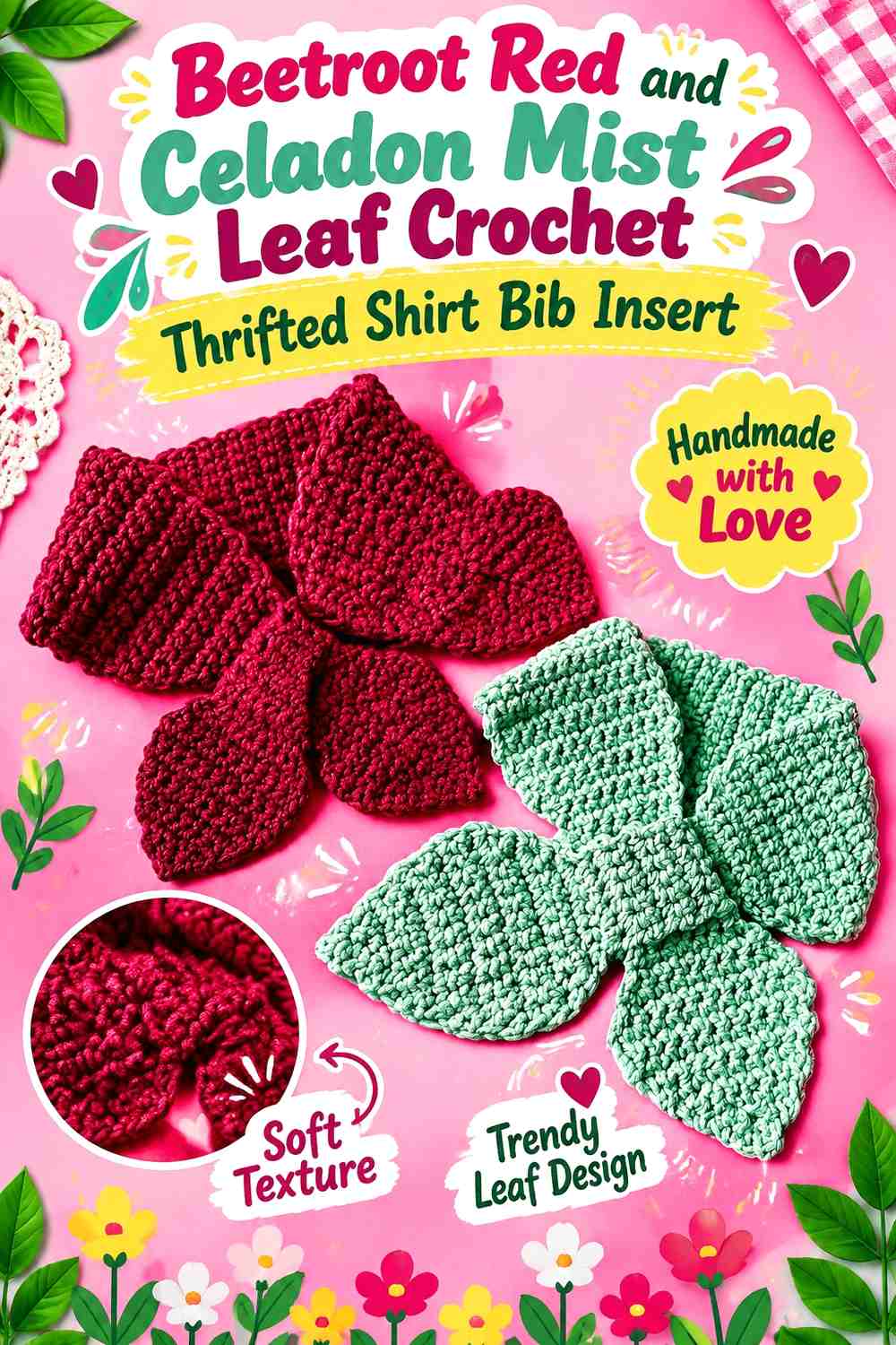 Beetroot Red and Celadon Mist Leaf Crochet Thrifted Shirt Bib Insert