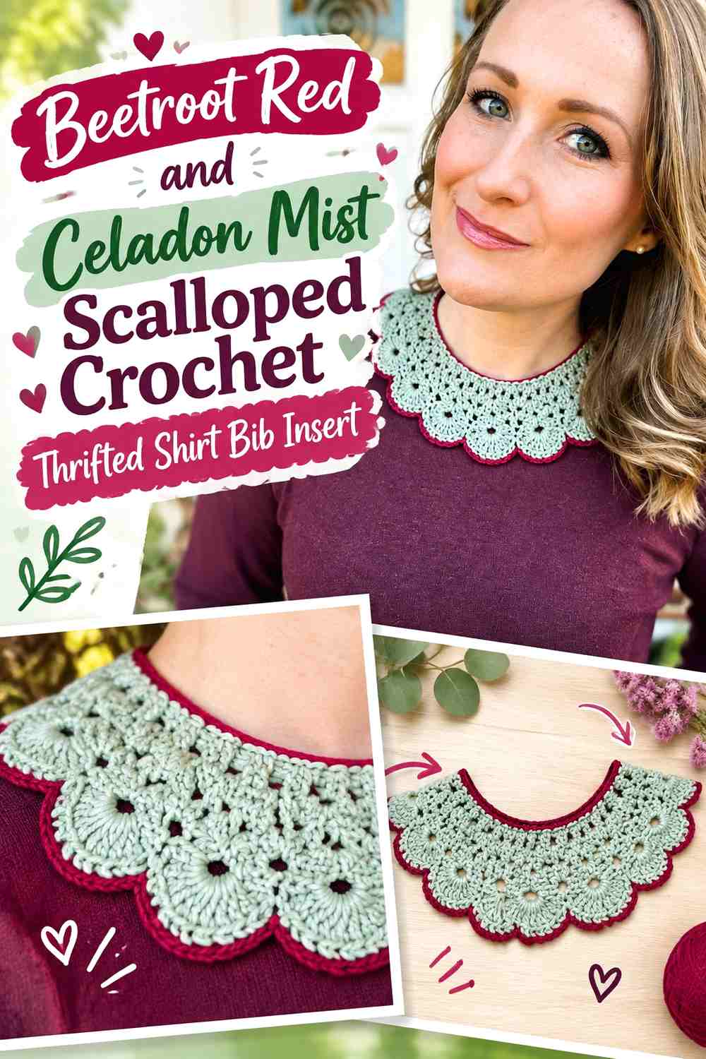 Beetroot Red and Celadon Mist Scalloped Crochet Thrifted Shirt Bib Insert