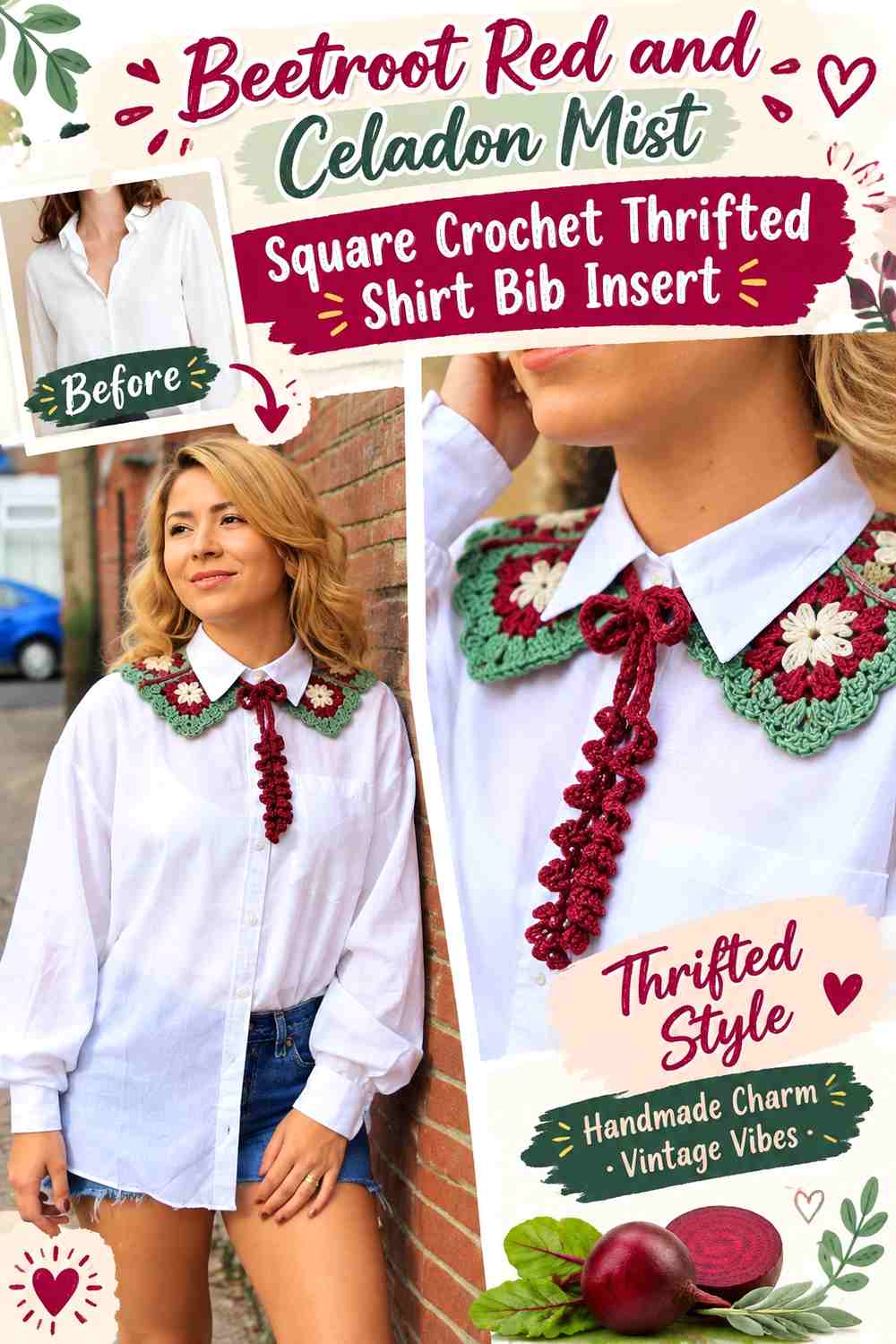 Beetroot Red and Celadon Mist Square Crochet Thrifted Shirt Bib Insert