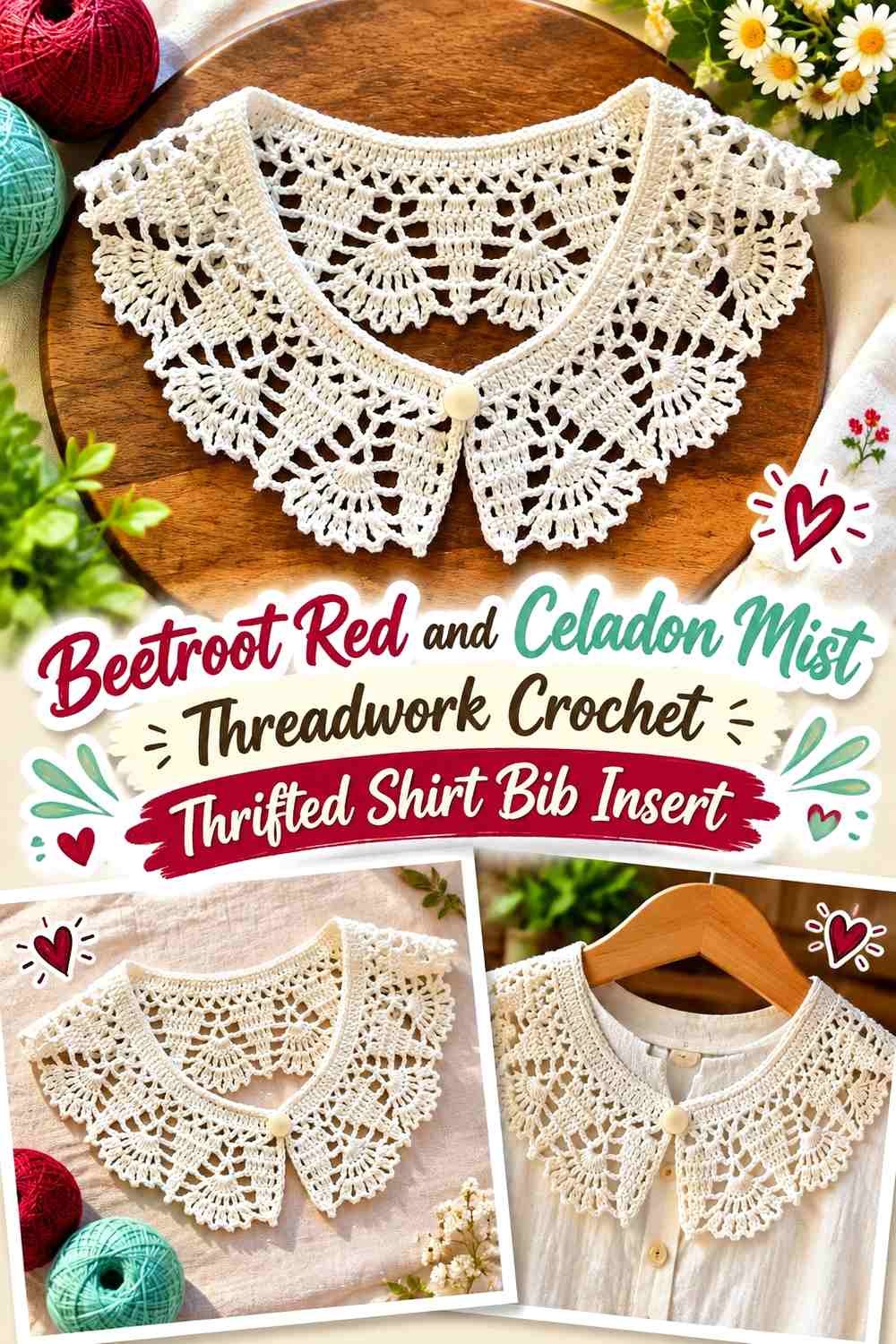 Beetroot Red and Celadon Mist Threadwork Crochet Thrifted Shirt Bib Insert