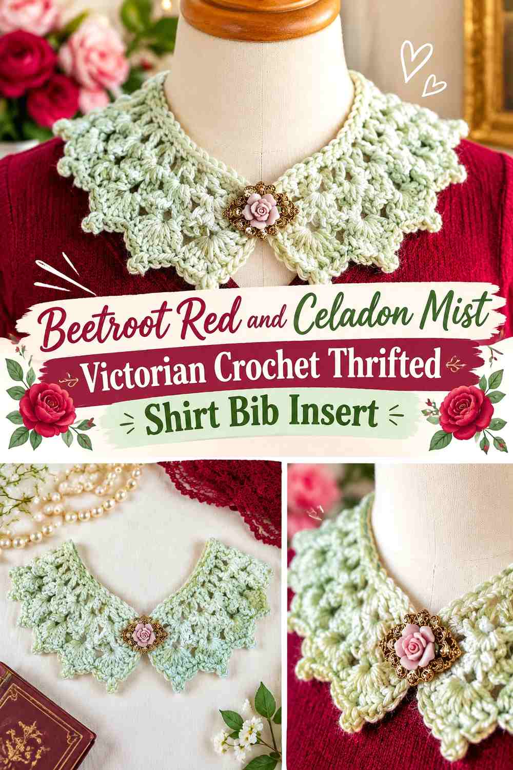 Beetroot Red and Celadon Mist Victorian Crochet Thrifted Shirt Bib Insert