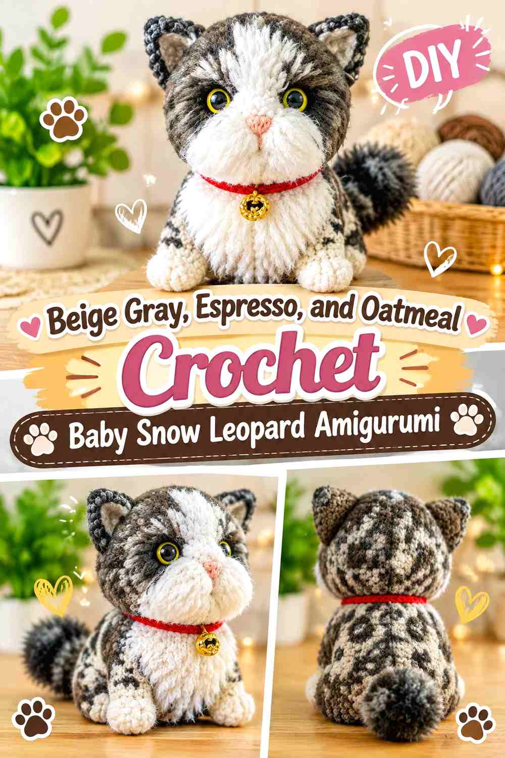 Beige Gray, Espresso, and Oatmeal Crochet Baby Snow Leopard Amigurumi
