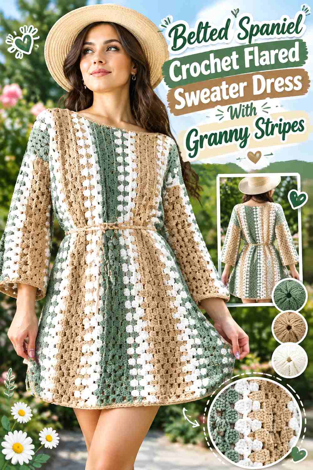 Belted Spaniel Crochet Flared Sweater Dress With Granny Stripes
