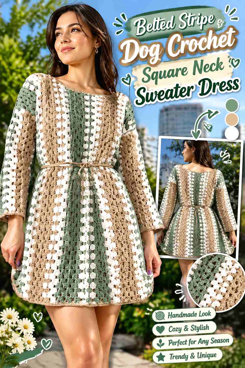Belted Stripe Dog Crochet Square Neck Sweater Dress