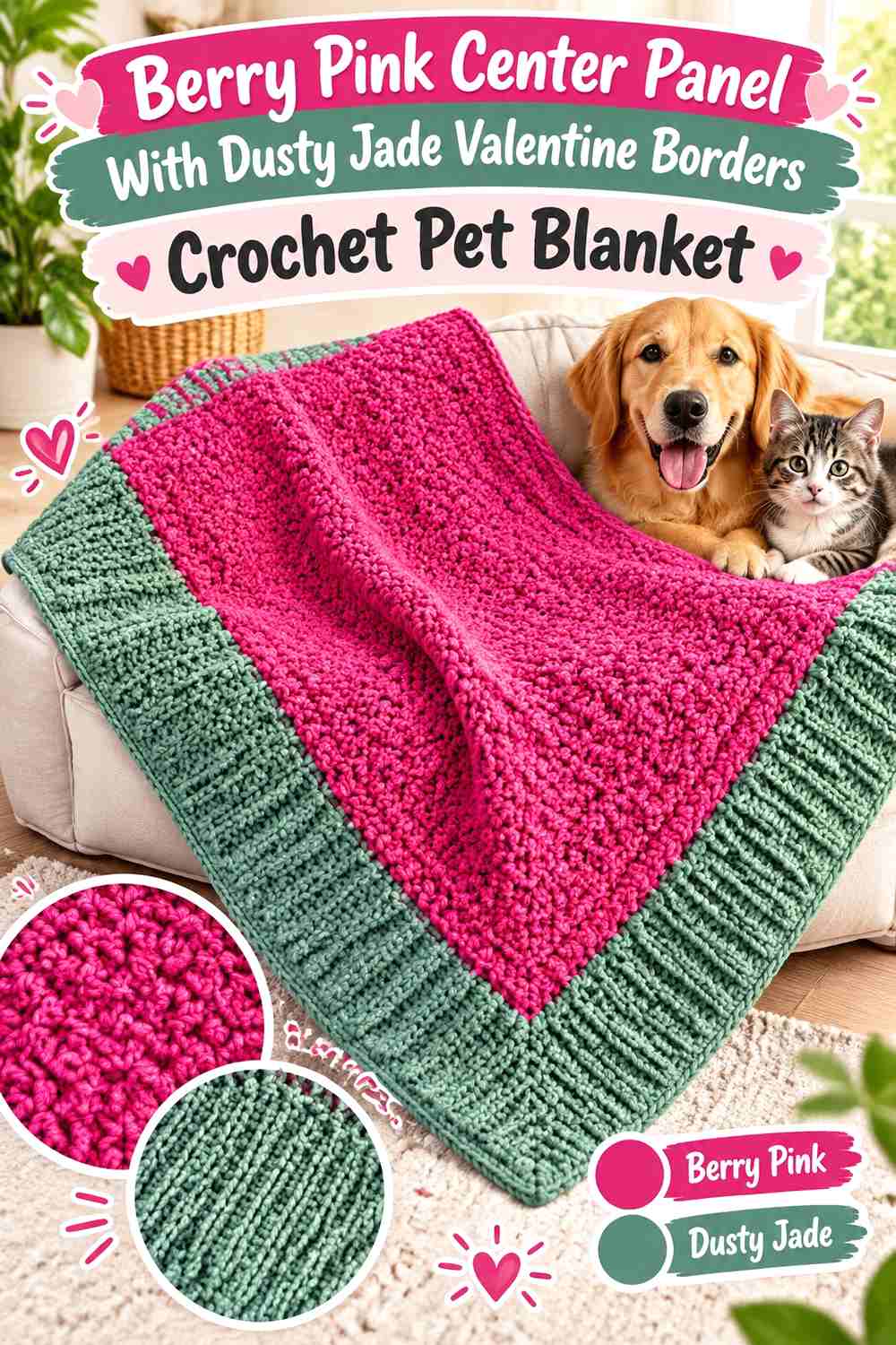 Berry Pink Center Panel With Dusty Jade Valentine Borders Crochet Pet Blanket