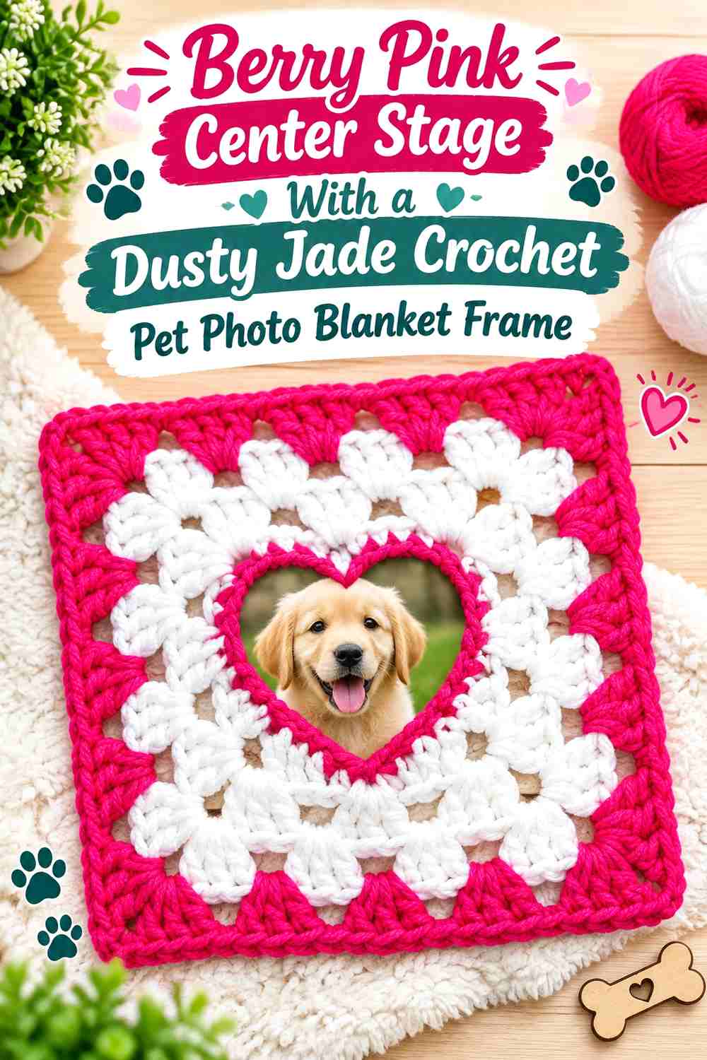 Berry Pink Center Stage With a Dusty Jade Crochet Pet Photo Blanket Frame