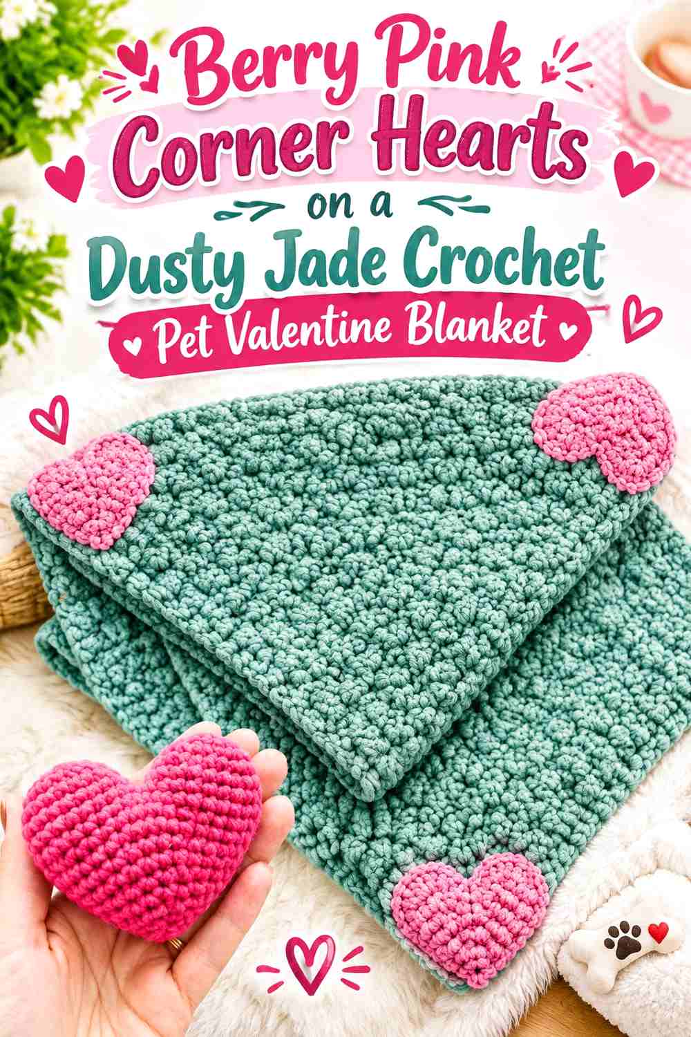Berry Pink Corner Hearts on a Dusty Jade Crochet Pet Valentine Blanket
