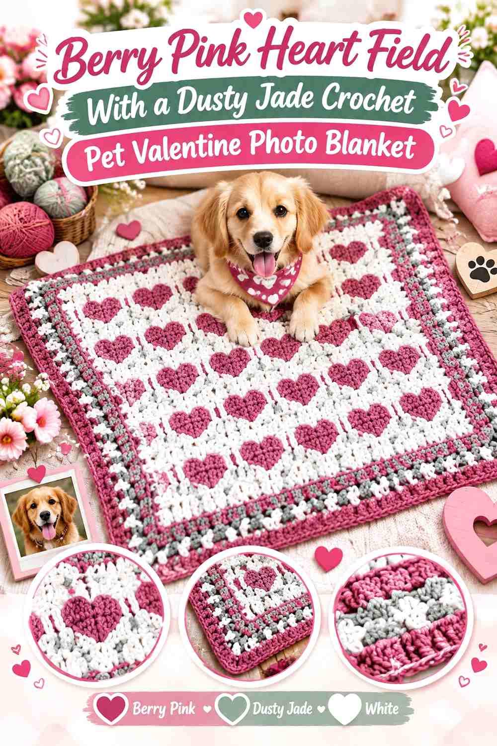 Berry Pink Heart Field With a Dusty Jade Crochet Pet Valentine Photo Blanket
