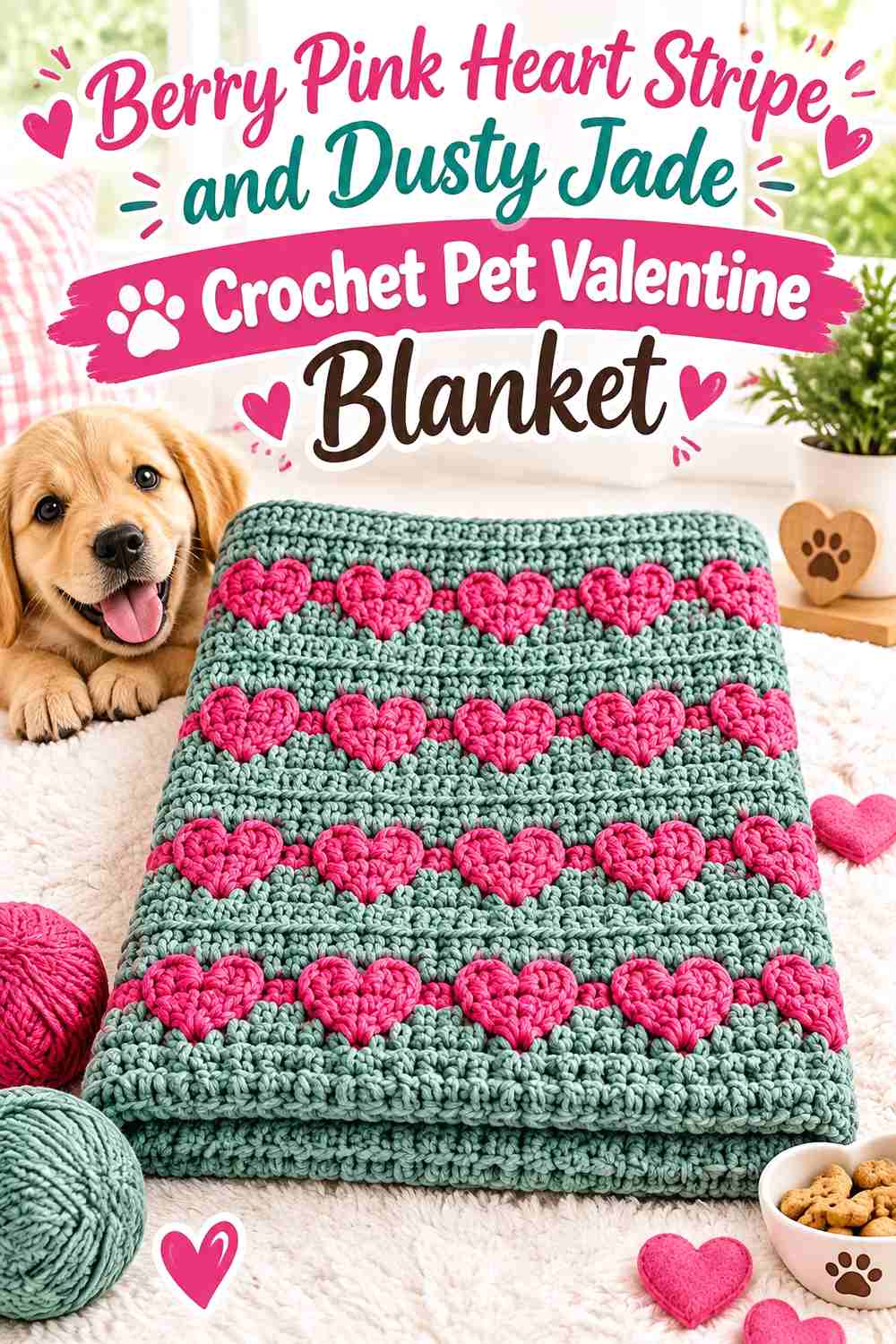 Berry Pink Heart Stripe and Dusty Jade Crochet Pet Valentine Blanket