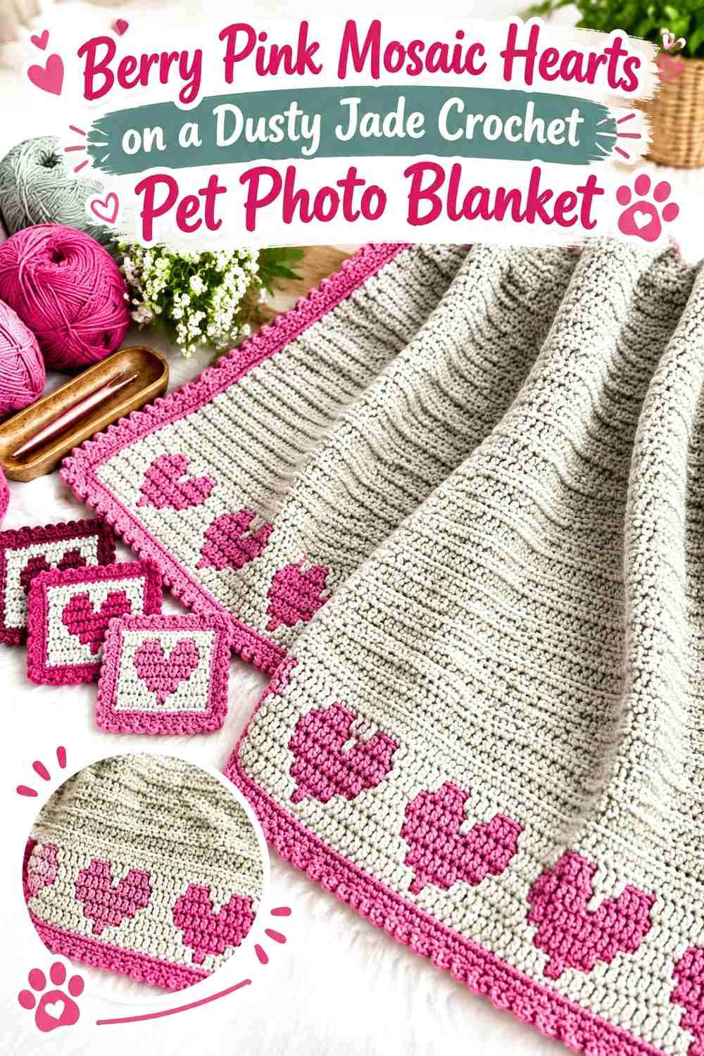 Berry Pink Mosaic Hearts on a Dusty Jade Crochet Pet Photo Blanket