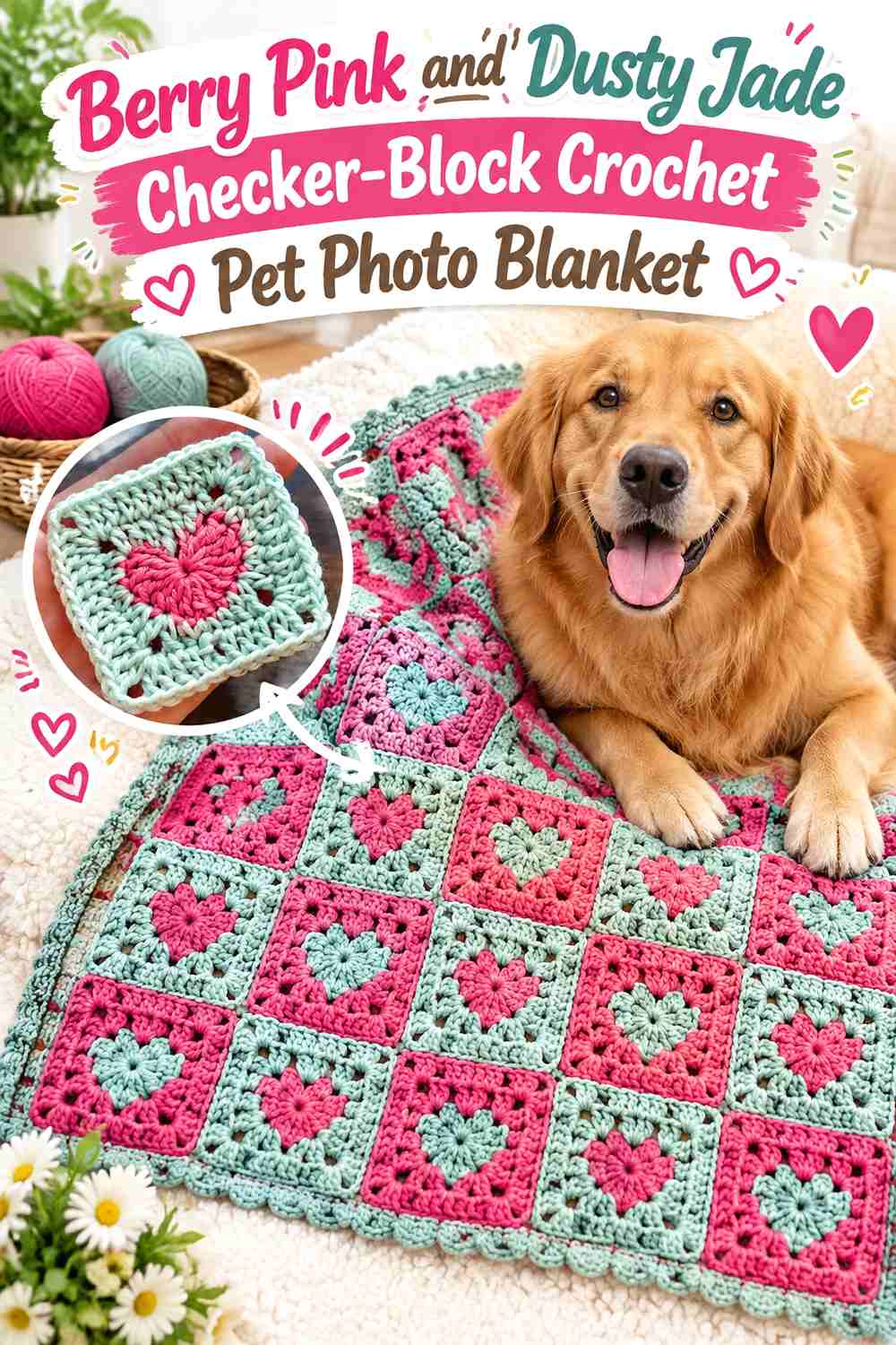 Berry Pink and Dusty Jade Checker-Block Crochet Pet Photo Blanket