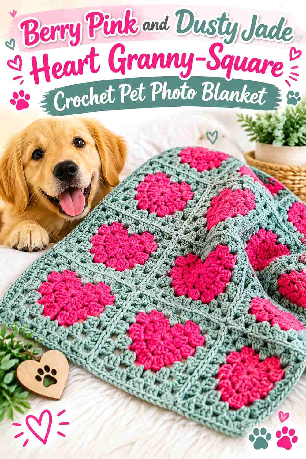 Berry Pink and Dusty Jade Heart Granny-Square Crochet Pet Photo Blanket