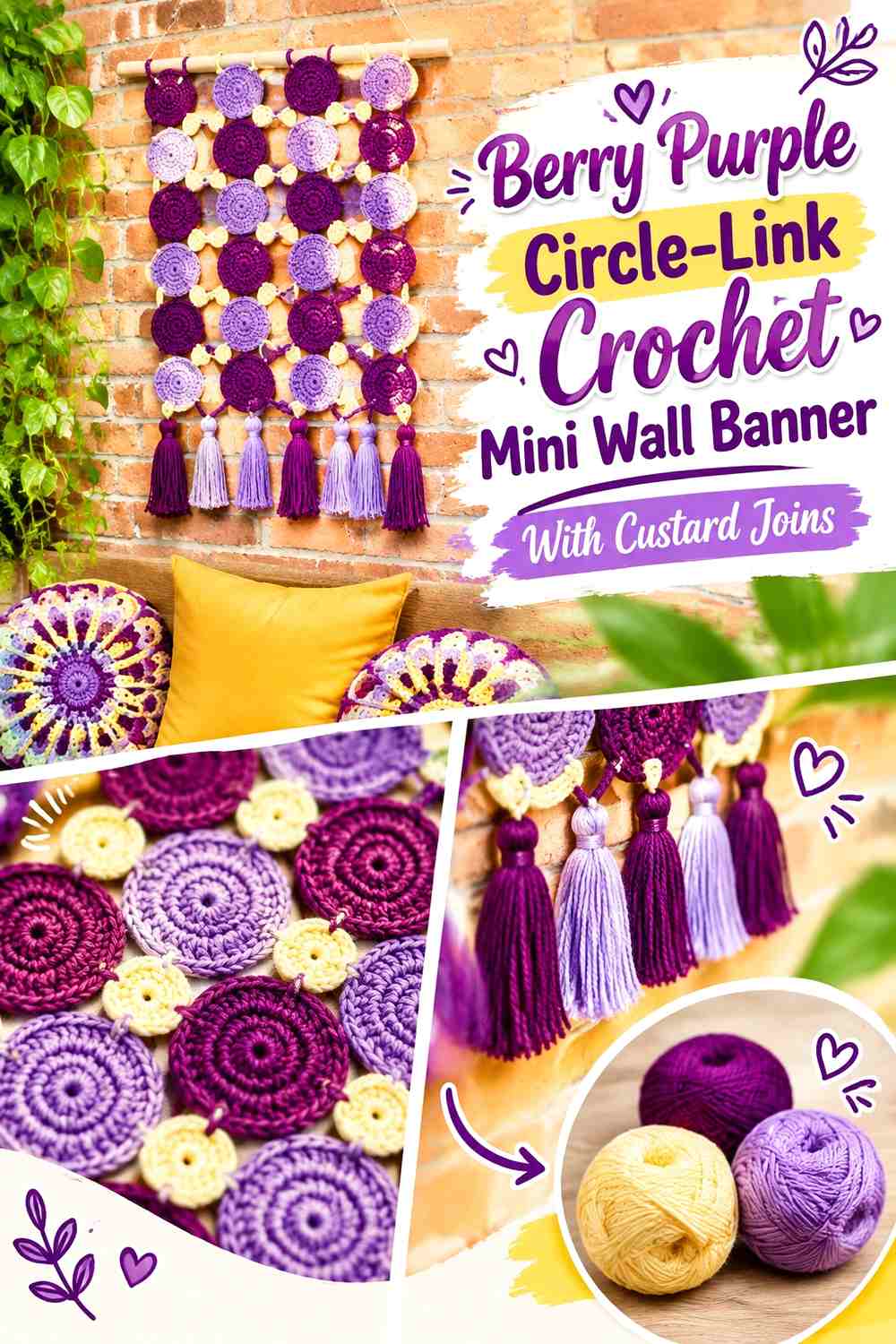Berry Purple Circle Link Crochet Mini Wall Banner With Custard Joins