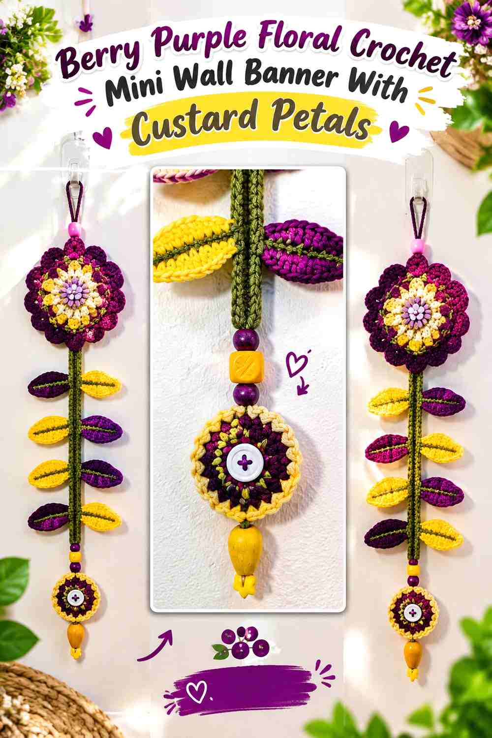 Berry Purple Floral Crochet Mini Wall Banner With Custard Petals