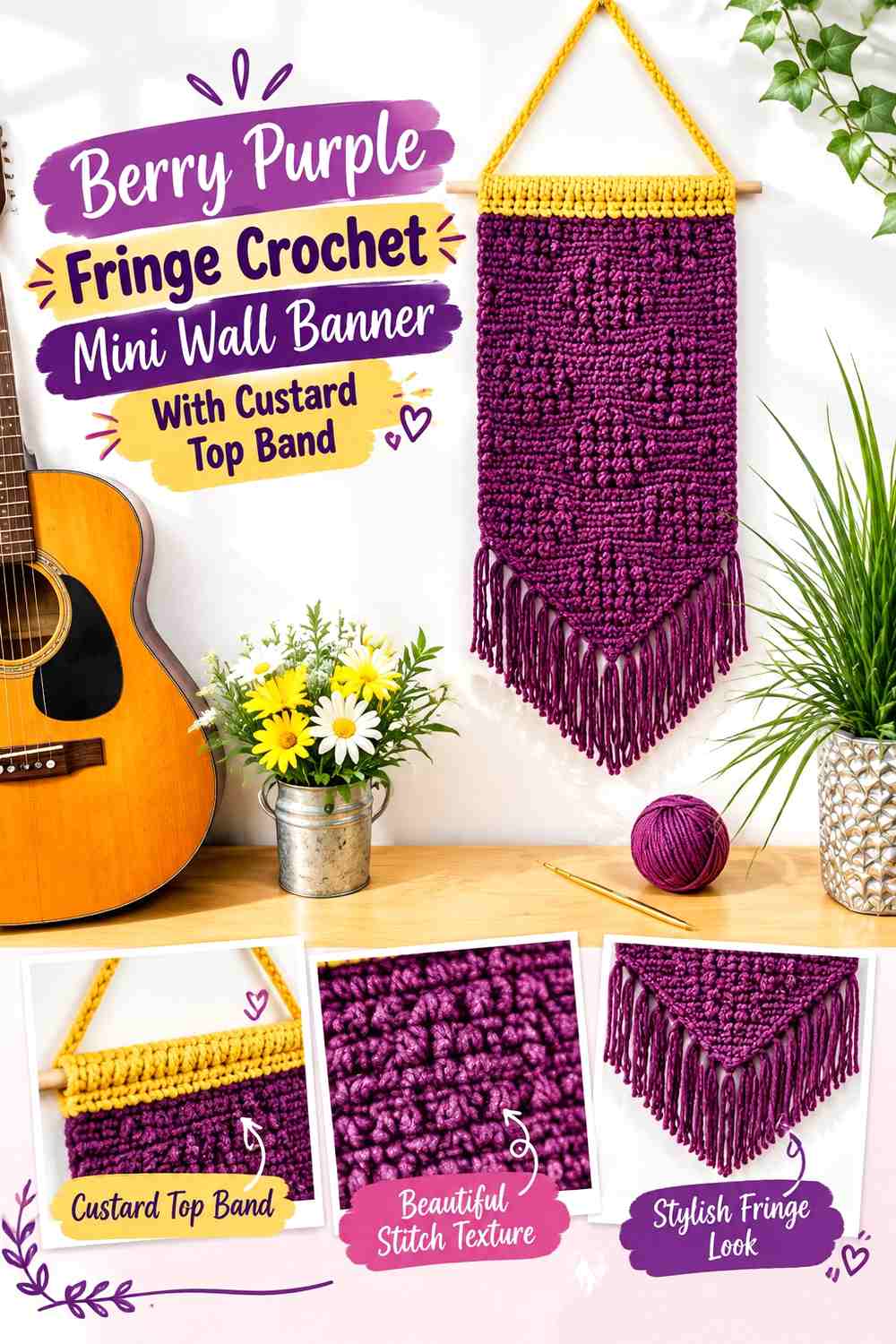 Berry Purple Fringe Crochet Mini Wall Banner With Custard Top Band