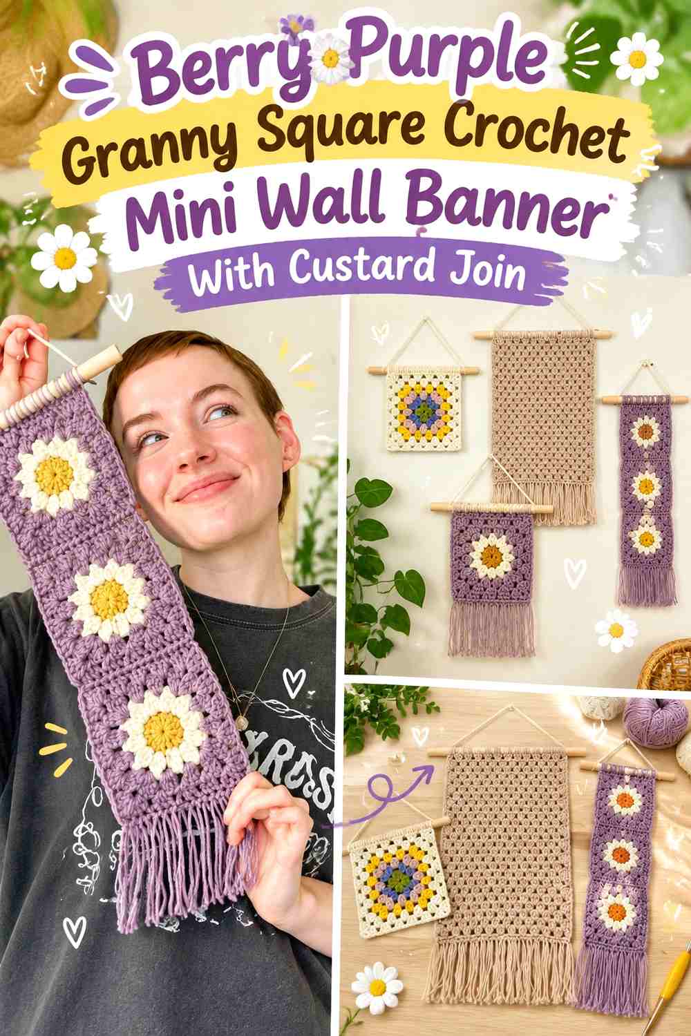 Berry Purple Granny Square Crochet Mini Wall Banner With Custard Join