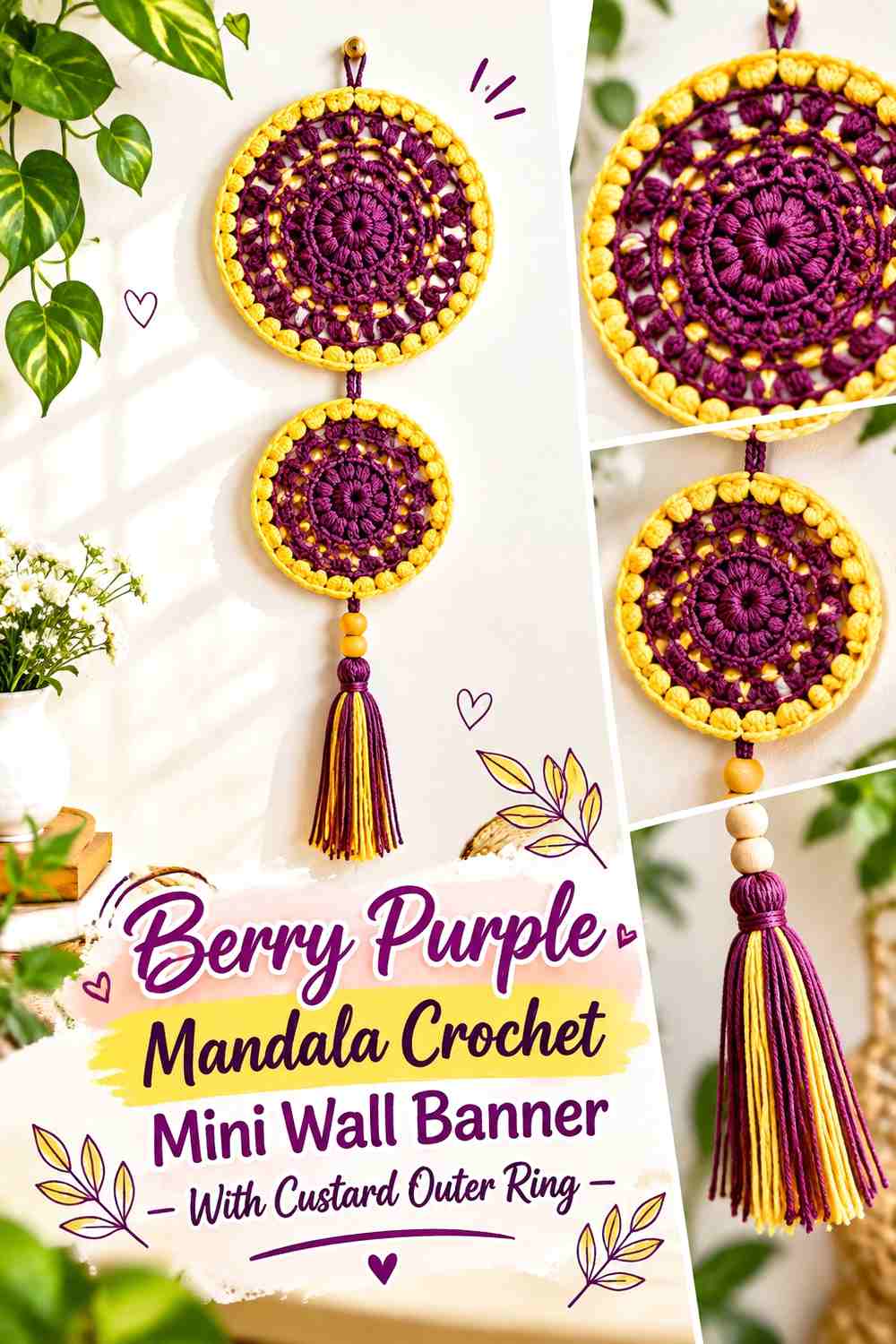 Berry Purple Mandala Crochet Mini Wall Banner With Custard Outer Ring