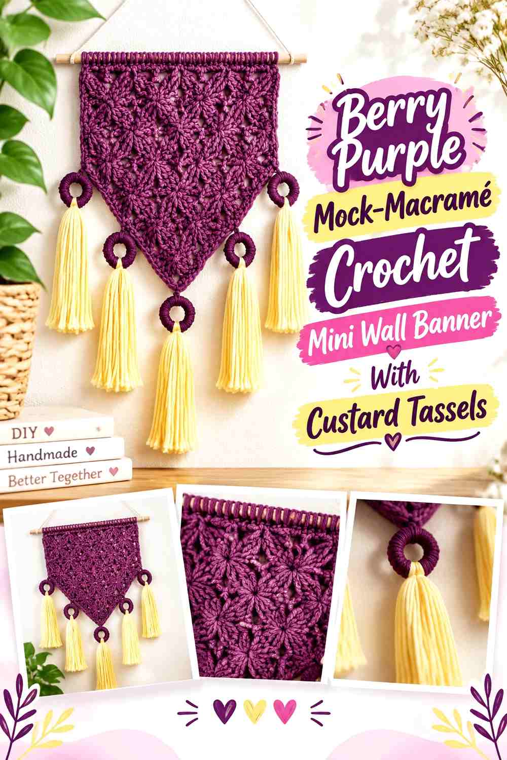 Berry Purple Mock Macramé Crochet Mini Wall Banner With Custard Tassels